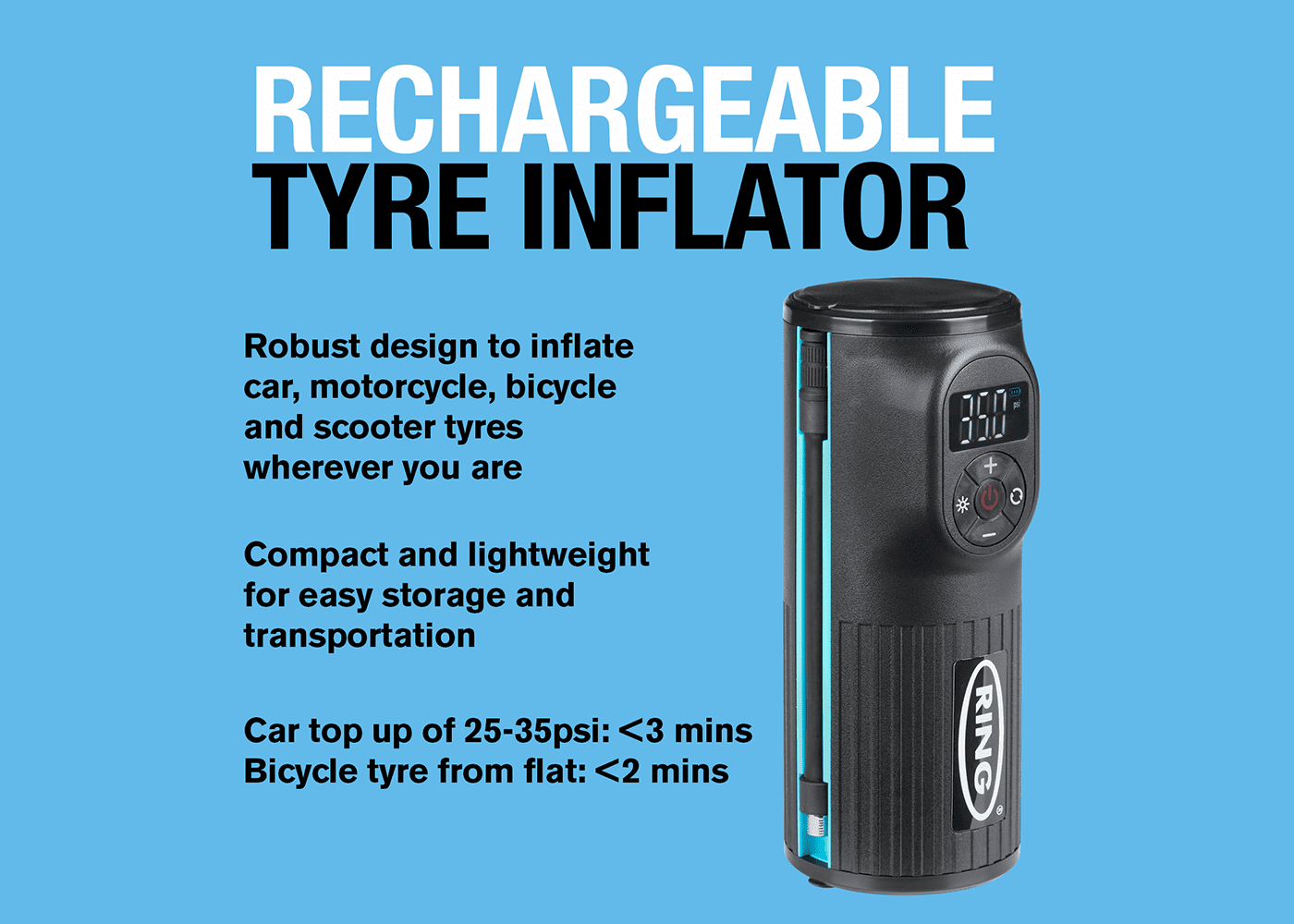 Ring Cordless & Rechargeable Handheld Tyre Inflator RTC2000